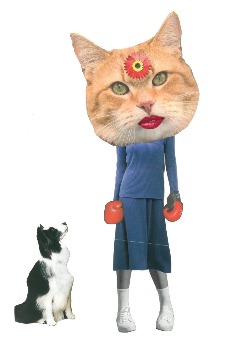 Original Collage on paper by Stephen Tribbel. Human body wearing blue skirt and jumper, white socks and trainers, boxing gloves, and the head of a cat, with a black and white dog looking up at it on a white background.