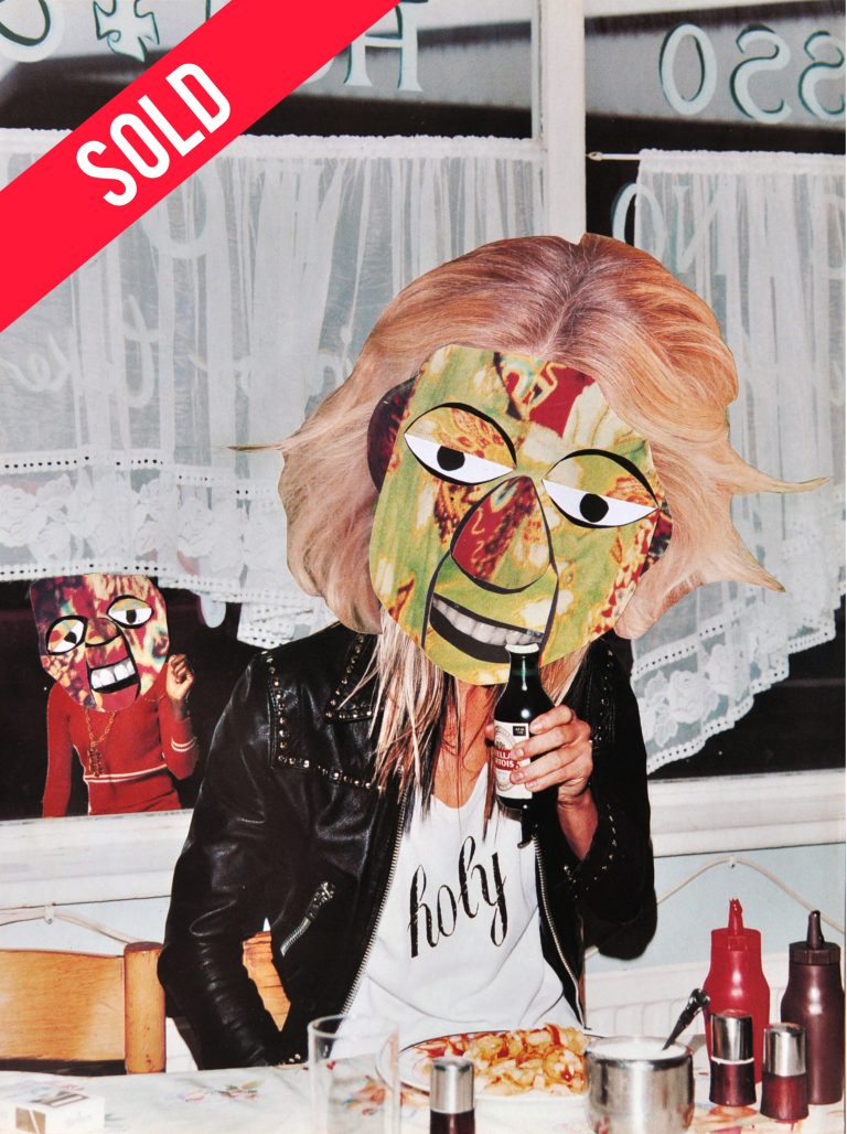 Original Collage on paper by Stephen Tribbel. Person sitting in a greasy-spoon cafe wearing leather jacket and a white t-shirt with the word ‘holy’ written in black text, with a cartoon face and blonde hair. Person has plate of food in front of them and is opening a bottle of Stella Artois with their teeth whilst another cartoon face person looks at them through the window. With red 'sold' sticker.