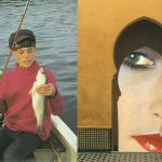 Original Three-Piece Collage on paper by Stephen Tribbel. A young person fishing with a fish in hand. A yellow room with a doorway in Islamic style architecture and mosaic tyles on the walls. A close up of a face with heavy make-up on can be seen through the doorway.