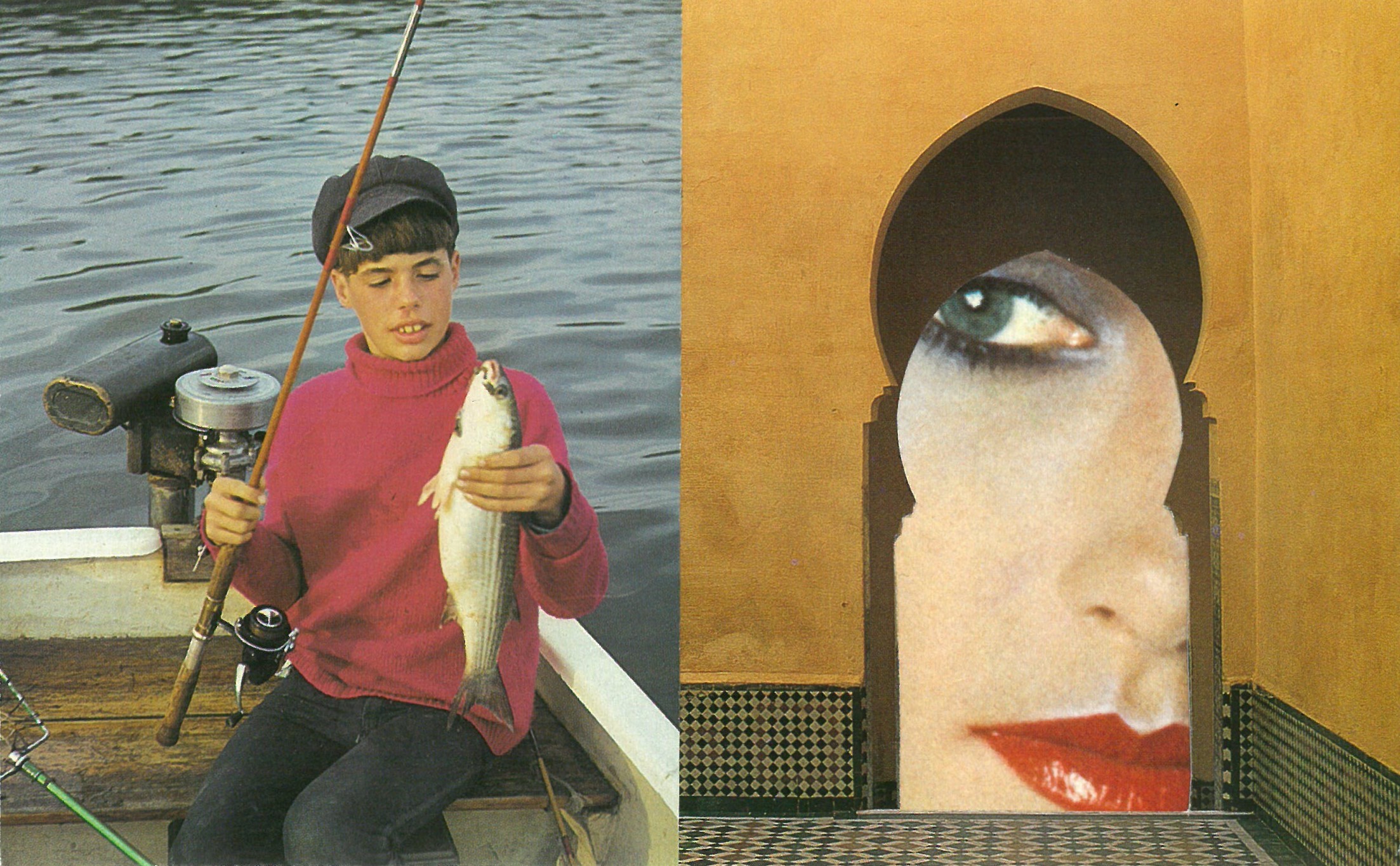 Original Three-Piece Collage on paper by Stephen Tribbel. A young person fishing with a fish in hand. A yellow room with a doorway in Islamic style architecture and mosaic tyles on the walls. A close up of a face with heavy make-up on can be seen through the doorway.